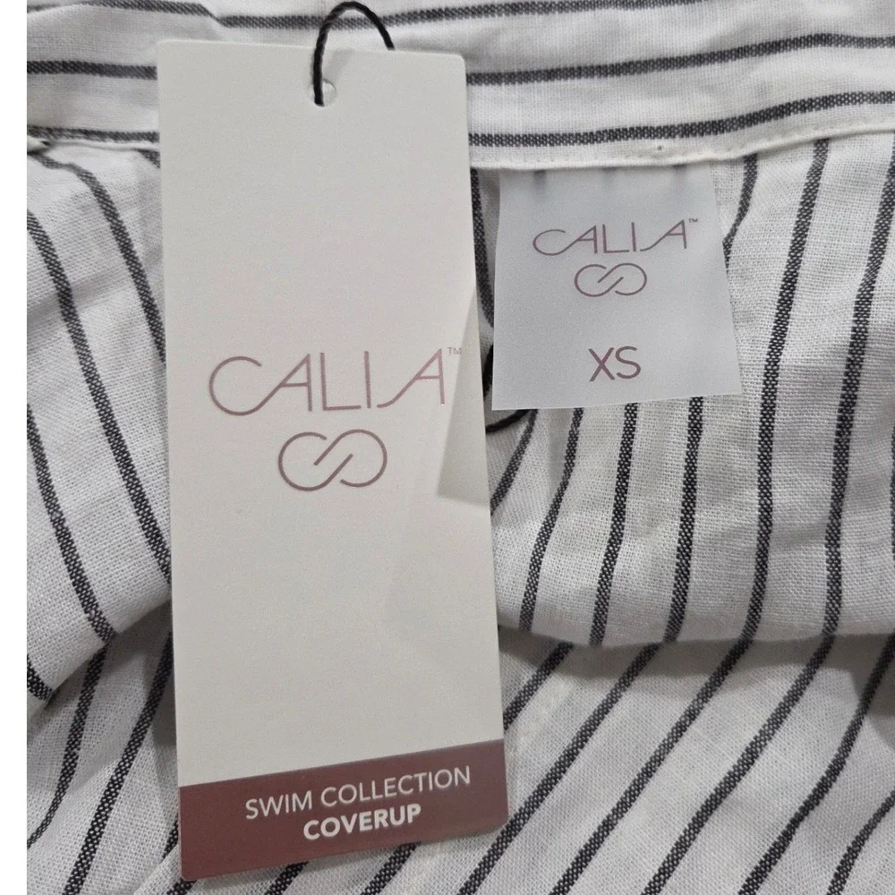 CALIA Swim Cover Up Dress Women XS White Gray Stripe Ivory Button Down Beach New